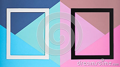 Abstract multicoloured paper texture minimalism background. Minimal geometric shapes and lines composition with picture frame. Stock Photo