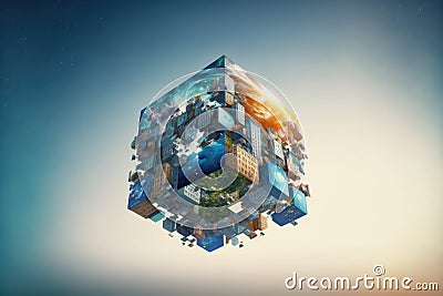 Abstract multiverse world with cubic landscape of nature and city Stock Photo