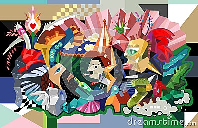 Abstract mural painting in cubism Picasso style. Graphic design poster with abstract form birds, persons and plants Cartoon Illustration