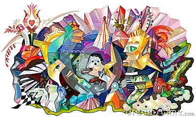 Abstract mural painting in cubism Picasso style. Graphic design poster with abstract form. Graffiti print. Illustration Cartoon Illustration