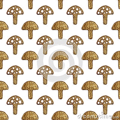 Abstract mushrooms pattern. Gold hand pained seamless background. Stock Photo