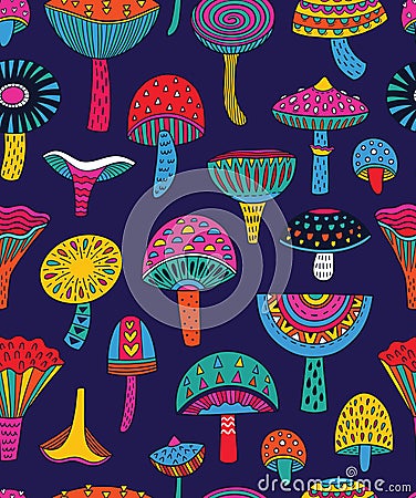 Abstract mushrooms seamless pattern in hallucinogenic colors Vector Illustration