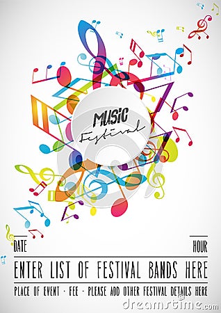 Abstract music festival advertising poster template with tunes. Vector Illustration