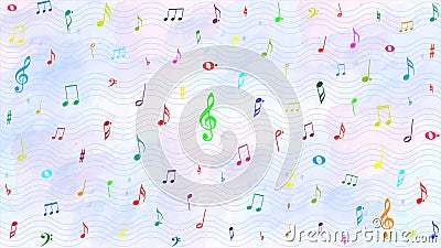 Vector Colorful Music Notes in Wavy Staves and Pastel Watercolor Pattern Background Stock Photo