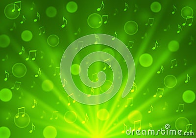 Abstract Music Notes, Light Rays, Bokeh and Bubbles in Green Gradient Background Stock Photo