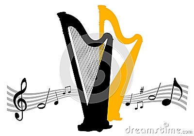 Abstract harp music vector illustration with clef and various notes on a dynamic wave for classical music Vector Illustration