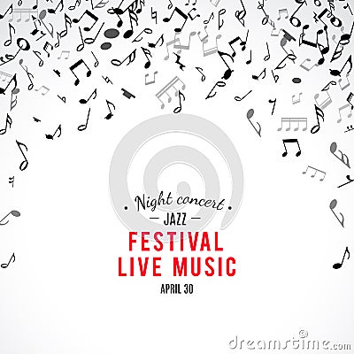 Abstract musical concert flyer with black notes on white background. Vector Illustration