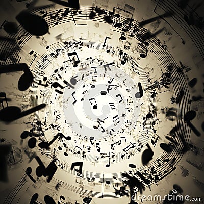 Abstract Musical Notes Swirling in Dynamic Motion Creating a Vortex of Sound Stock Photo