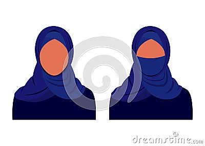 Abstract muslim woman in traditional dark hijab clothes open and close face. Arab girl in dress. Vector illustration Cartoon Illustration