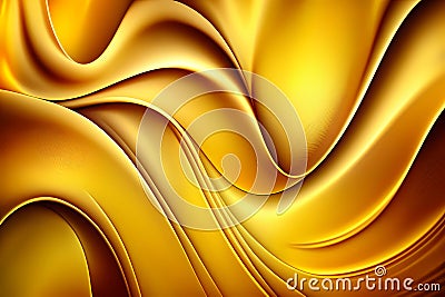 Abstract mustard yellow background. Silk satin style backdrop with liquid wavy folds and trendy metal effect Stock Photo