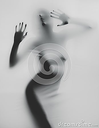 Abstract mysterious portrait girl white behind transparent cloth Stock Photo