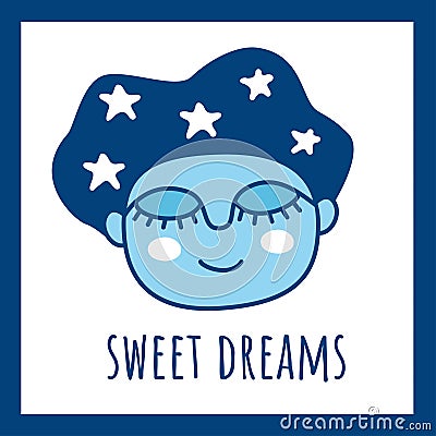 Abstract naive fantasy sleeping moon portrait. Sweet dreams card. Surreal happy dreaming face in hight cap or part of night sky Vector Illustration