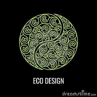 Abstract natural Linear logo. Green symbol Yin Yang on black bac Vector Illustration