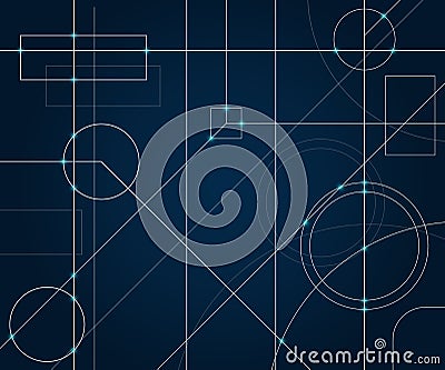 Abstract neon background of engineering drawing. Technological wallpaper made with circles and lines. Geometric design Stock Photo