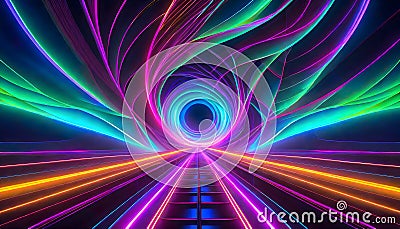 Abstract neon background featuring a dynamic neon vortex, where vivid colors and intricate patterns converge into a mesmerizing Stock Photo