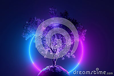 Abstract neon background, mystical cosmic tree sprouting through a round planet in the light of a neon glowing round frame, pink Cartoon Illustration