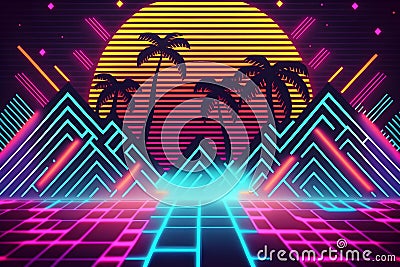 Abstract neon colorful retro synthwave style background with palms and mountains Stock Photo