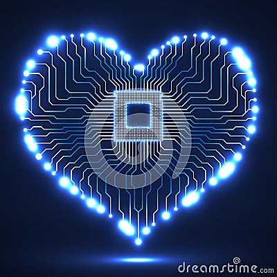 Abstract neon electronic circuit board in shape of heart Vector Illustration