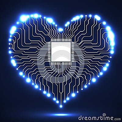 Abstract neon electronic circuit board in shape of heart Vector Illustration