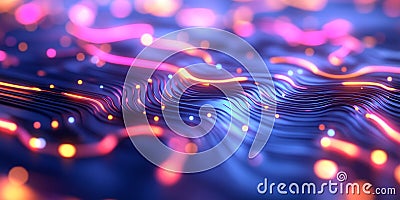 Abstract neon energy waves dynamic glowing circuits symbolizing artificial intelligence quantum computing futuristic digital Cartoon Illustration