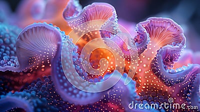 Abstract neon-glowing, jellyfish-like coral forms in a deep-sea environment. Stock Photo