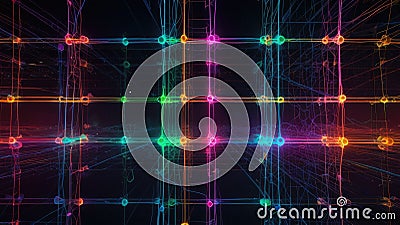 Abstract neon grid: futuristic digital network with colorful lines and intersections Stock Photo
