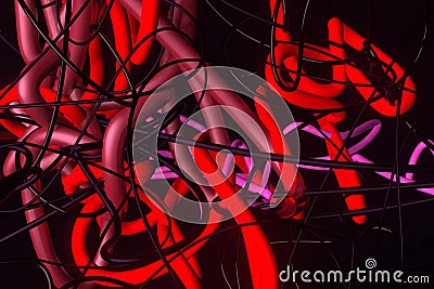 Neon grow lights, messy colorful string for design texture, background. 3D render. Stock Photo