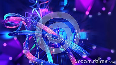 Abstract neon hi-tech background. Glowing neon chain, spiral. Cyberpunk information blocks. Blockchain data network Cartoon Illustration
