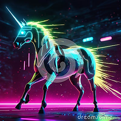 Abstract neon light unicorn artwork design, digital art, wallpaper, glowing, space background Stock Photo