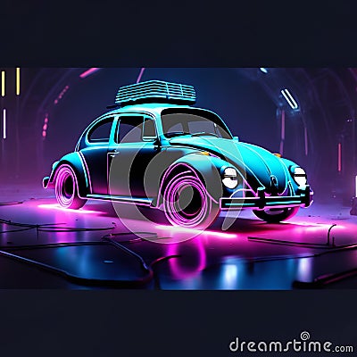 Abstract neon light, Volkswagen Beetle, artwork design, digital art, wallpaper, glowing, space background Stock Photo