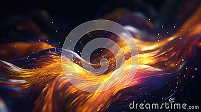 Abstract neon multicolor particles background. Glowing bokeh waves and surface grid Stock Photo