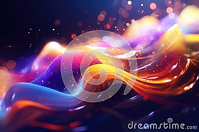 Abstract neon multicolor particles background. Glowing bokeh waves and surface grid Stock Photo