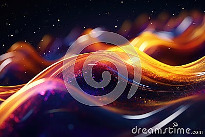 Abstract neon multicolor particles background. Glowing bokeh waves and surface grid Stock Photo
