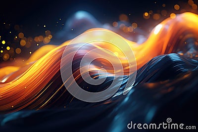 Abstract neon multicolor particles background. Glowing bokeh waves and surface grid Stock Photo