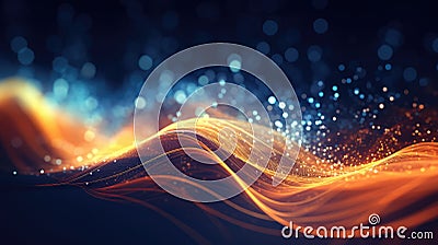 Abstract neon multicolor particles background. Glowing bokeh waves and surface grid Stock Photo