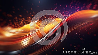 Abstract neon multicolor particles background. Glowing bokeh waves and surface grid Stock Photo