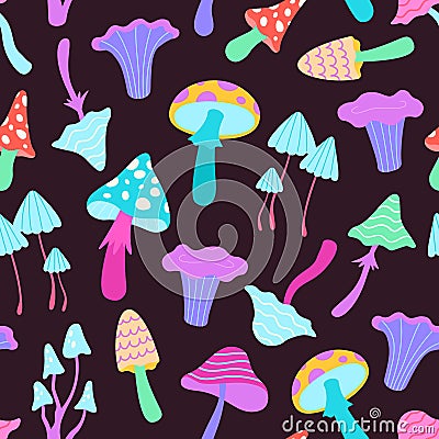 Abstract neon seamless pattern with psychedelic hallucination mushrooms. Trippy print with poison mushroom, amanita and Vector Illustration