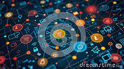 Abstract network of connected icons symbolizing online shopping and e-commerce on a digital interface with a depth of field effect Stock Photo
