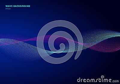 Abstract network design with particle blue and pink wave. Dynamic particles sound wave flowing on glowing dots dark background Vector Illustration