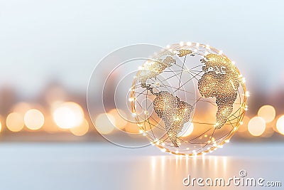 An abstract network of dots and lines forms a faint globe on a neutral background. The soft midday light enhances the Stock Photo