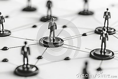Abstract network of small human figures connected by lines in a structured grid symbolizing social connectivity teamwork and hu Cartoon Illustration