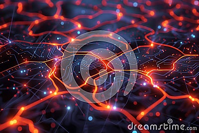 Abstract Network Topology Digital Circuitry, Nodes, Connections, Data Flow, Glowing Lines, Technology Stock Photo
