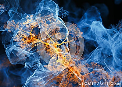 Abstract Neural Network Art: Blue and Orange Branching Patterns - Science Technology Visualization Stock Photo