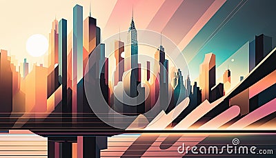 Abstract New York City architecture. Times Square cityscape colorful illustration concept art. Skyscrapers and taxi cabs. Cartoon Illustration