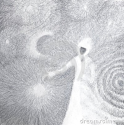 Abstract night with angel, moon, stars, in white-and-black Cartoon Illustration