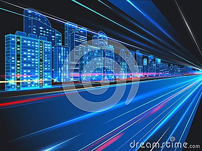 Abstract night city background with light trails. Vector illustration Vector Illustration