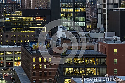 Abstract Night scene Manhattan with illuminated windows. Editorial Stock Photo
