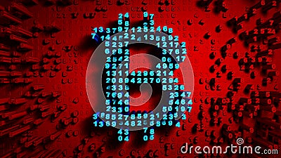 Abstract numbers Random motion in the form of coins bitcoin, Red color Stock Photo