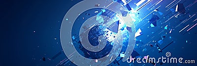 Abstract object shattering into small data particles, fragments floating in space Stock Photo