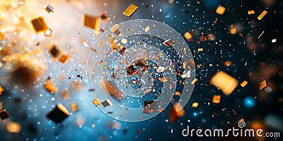 Abstract object shattering into small data particles, fragments floating in space Stock Photo